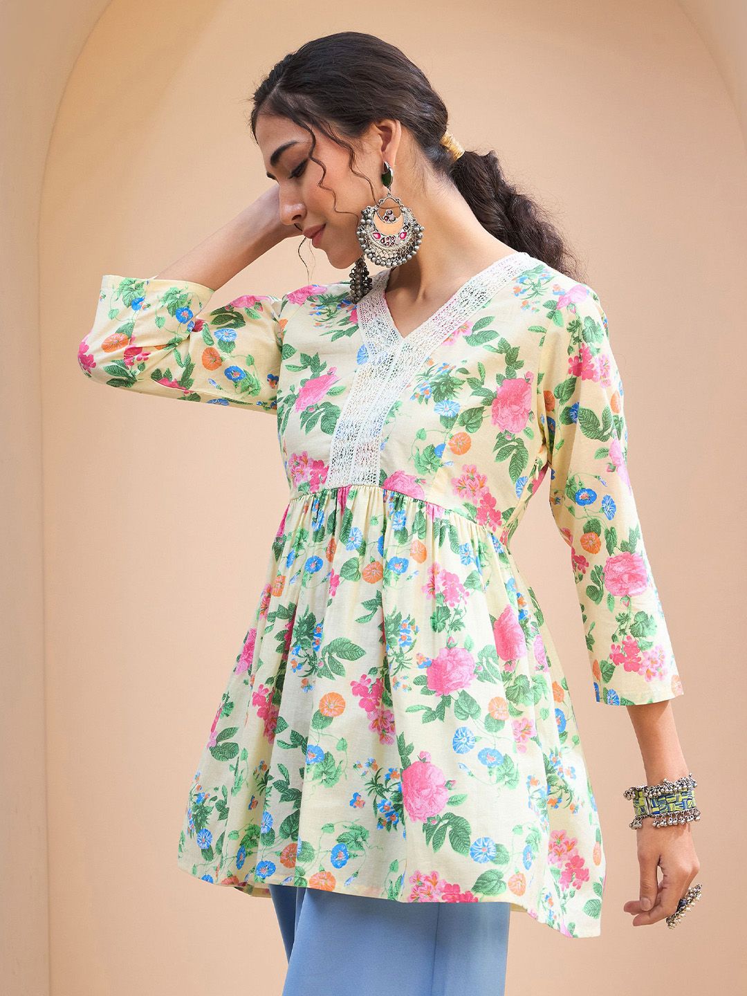 Shae by SASSAFRAS Floral Printed V-Neck Patchwork Pure Cotton Patchwork Kurti