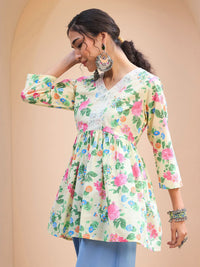Shae by SASSAFRAS Floral Printed V-Neck Patchwork Pure Cotton Patchwork Kurti