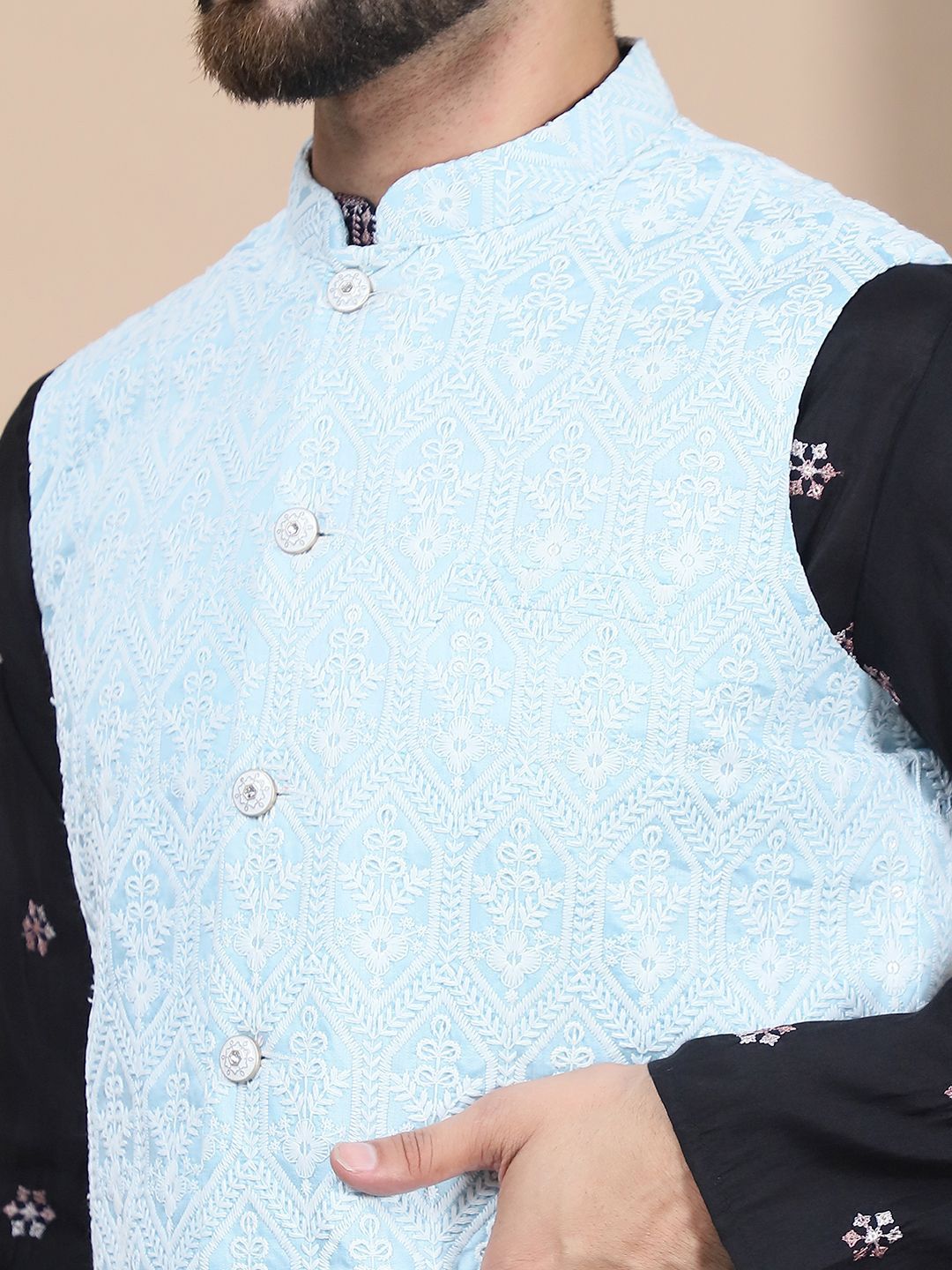 Anouk Black Floral Embroidered Straight Sequinned Kurta with Churidar
