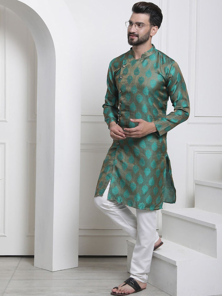 SOJANYA Woven Design Mandarin Collar Silk Cotton Angrakha Kurta