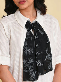 W Roll-Up Sleeves Cotton Shirt Style Top With Detachable Scarf