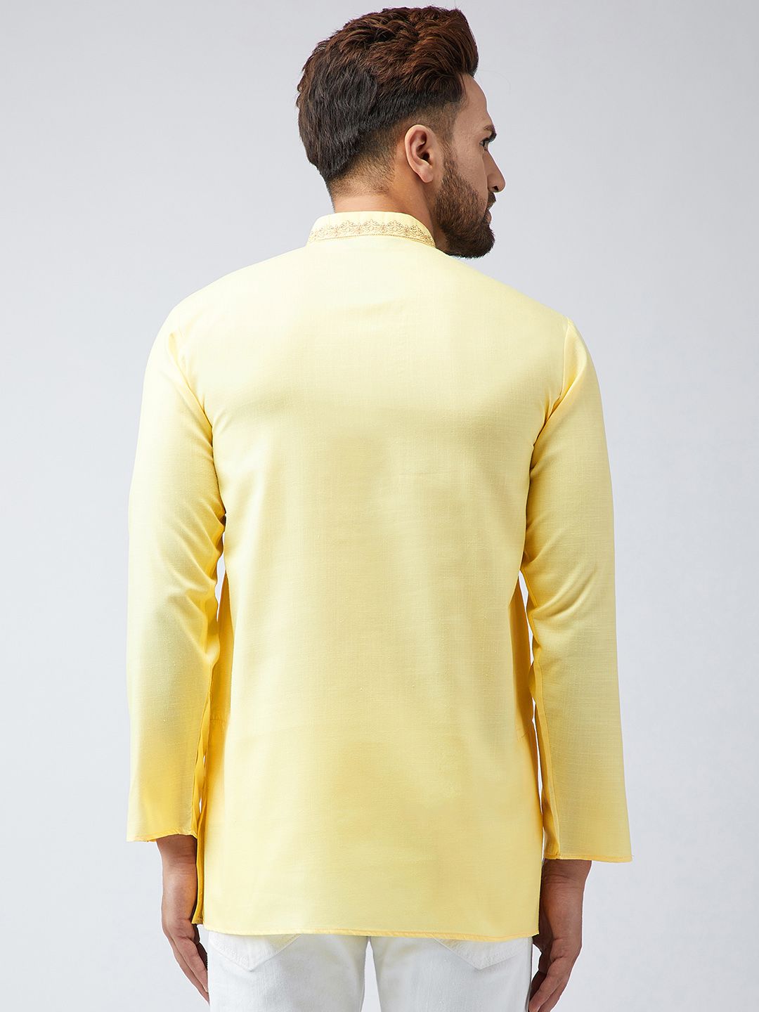 SOJANYA Men Yellow Embroidered Short Kurta