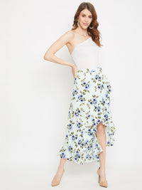 Berrylush Sea Green & Blue Floral Printed Wrap Midi Skirt