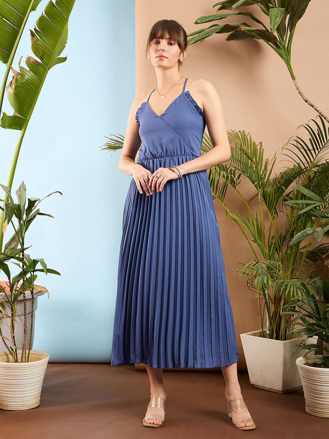 SASSAFRAS Shoulder Strap Pleated A-Line Maxi Dress