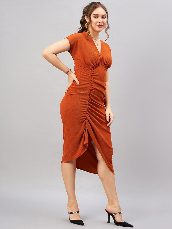 Antheaa Orange V-Neck Extended Sleeves Sheath Midi Dress