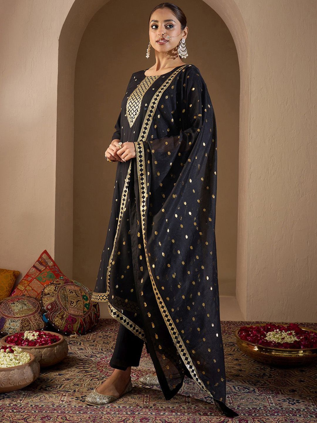 Indo Era Women Ethnic Motifs Embroidered Regular Sequinned Kurta with Trousers & With Dupatta