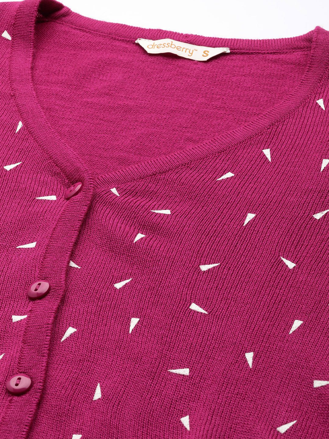 DressBerry Women Fuchsia & White Geometric Printed Cardigan