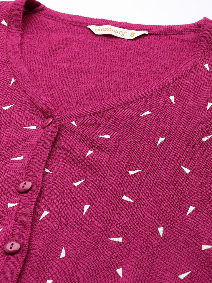 DressBerry Women Fuchsia & White Geometric Printed Cardigan