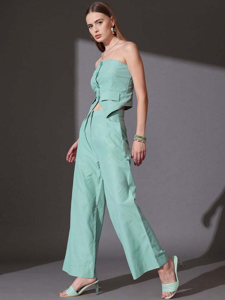STREET 9 Solid Off Shoulder Pure Cotton Top & Trousers Co-Ord Set