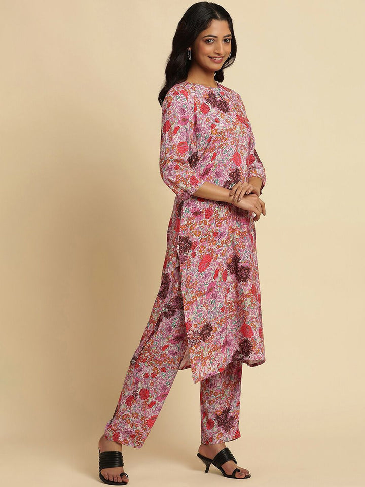 W Pink Floral Printed Keyhole Neck Straight Kurta With Trousers & Dupatta