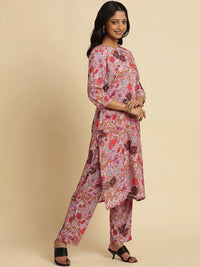 W Pink Floral Printed Keyhole Neck Straight Kurta With Trousers & Dupatta
