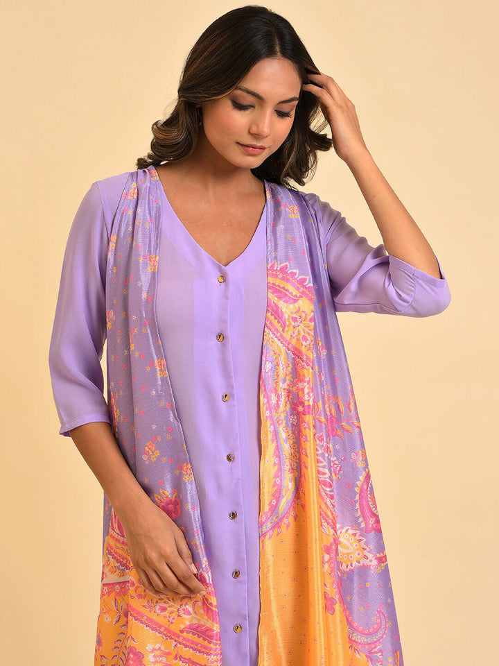 W Purple V-Neck Ethnic Motifs Printed Layered Kurta