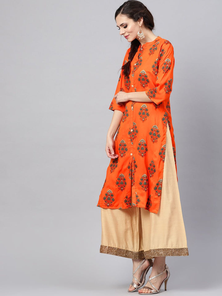 SOJANYA Kurta Lurus Bercetak Oren & Hijau Wanita