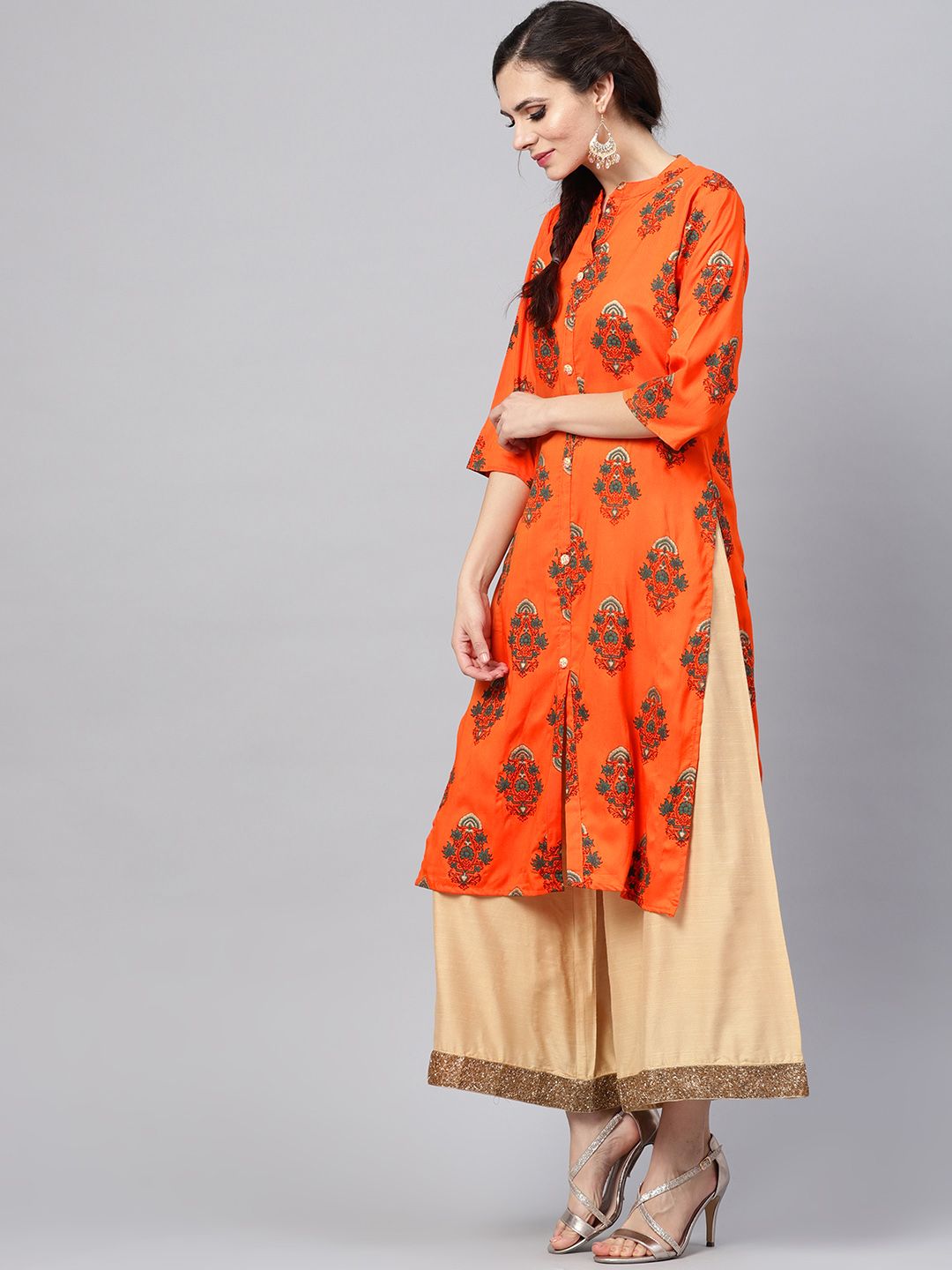 SOJANYA Kurta Lurus Bercetak Oren & Hijau Wanita