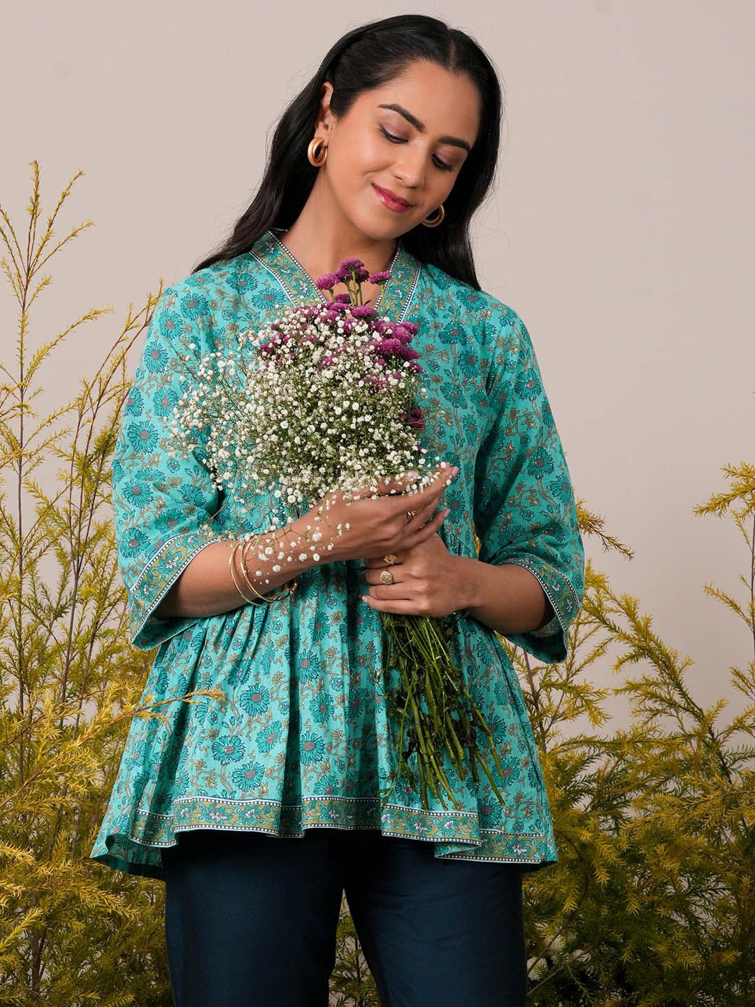 Libas Floral Block Printed V-Neck Flared Sleeves Pure Cotton Pleated A-Line Kurti