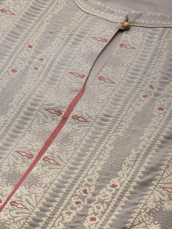W Women Taupe & Golden Zari Woven Design Straight Kurta
