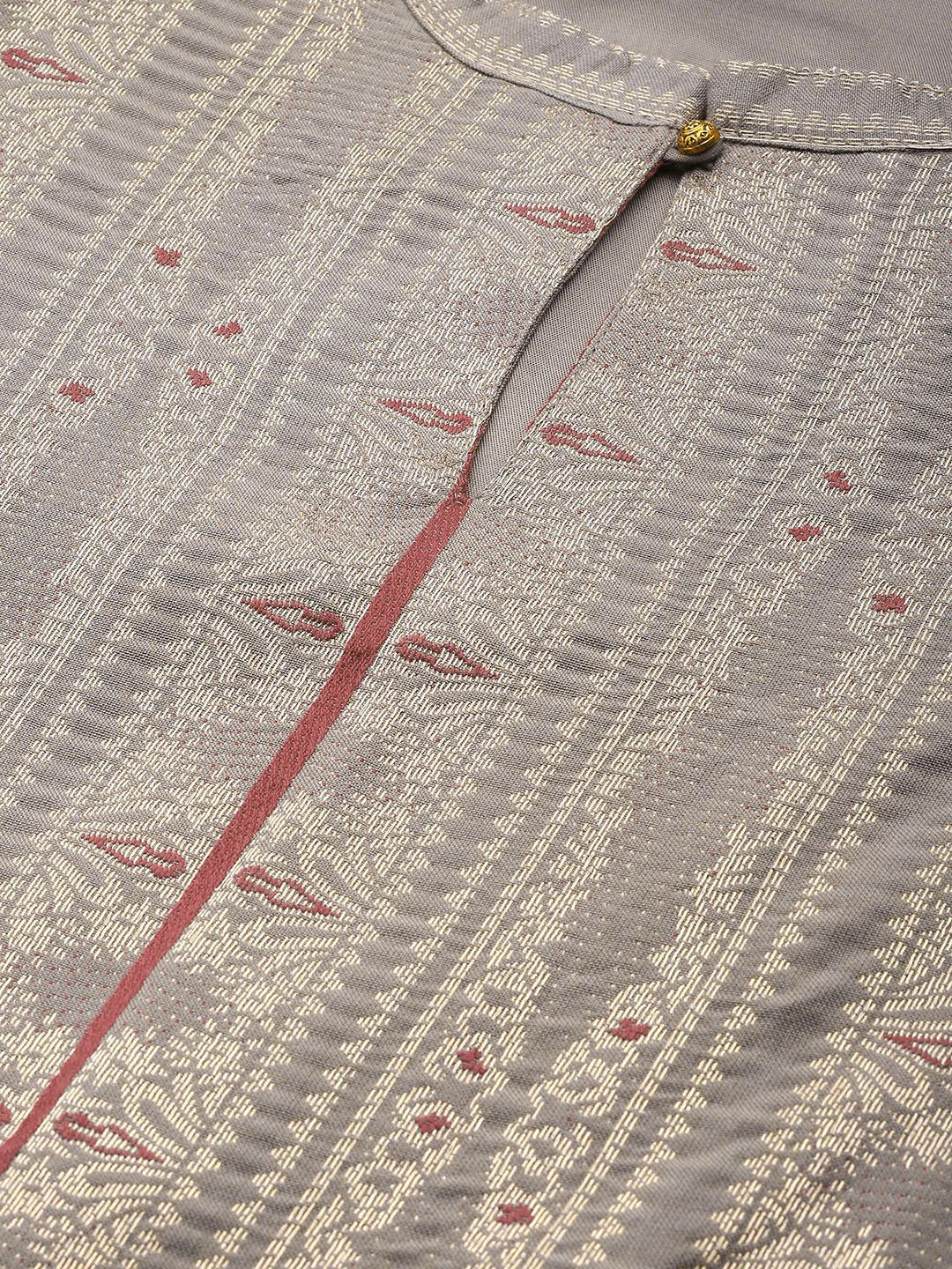 W Women Taupe & Golden Zari Woven Design Straight Kurta