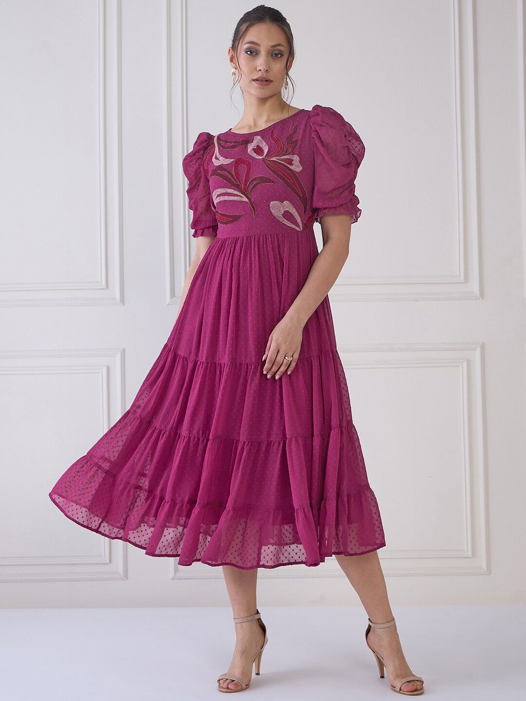 Antheaa Embroidered Round Neck Puff Sleeve Fit & Flare Midi Dress