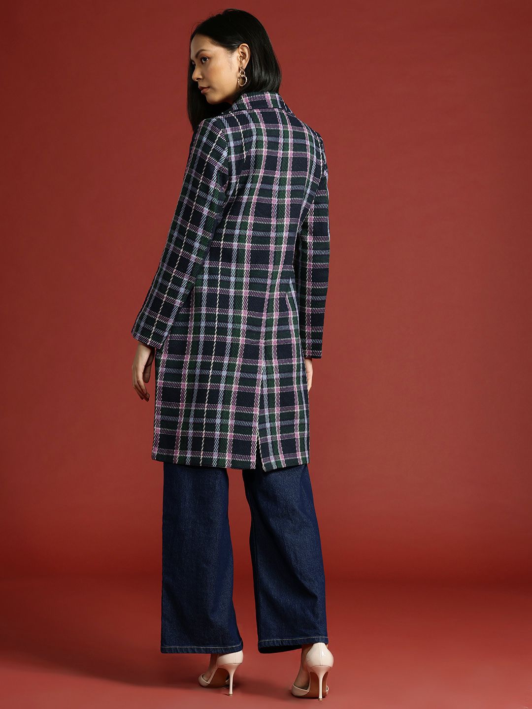 all about you Checked Double-Breasted Longline Coat