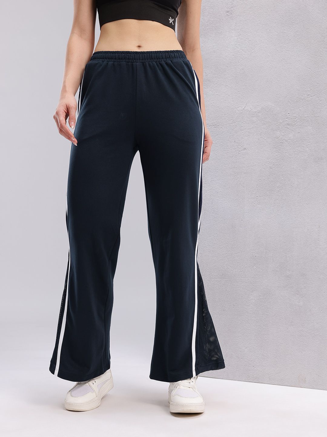 HRX by Hrithik Roshan Women Flared Fit Mesh Inserts Training Track Pants with Side Stripes