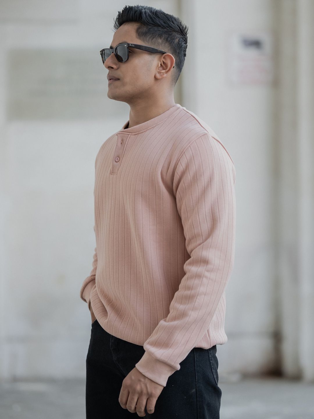 Powerlook Men Self Design Henley Neck Sweatshirt