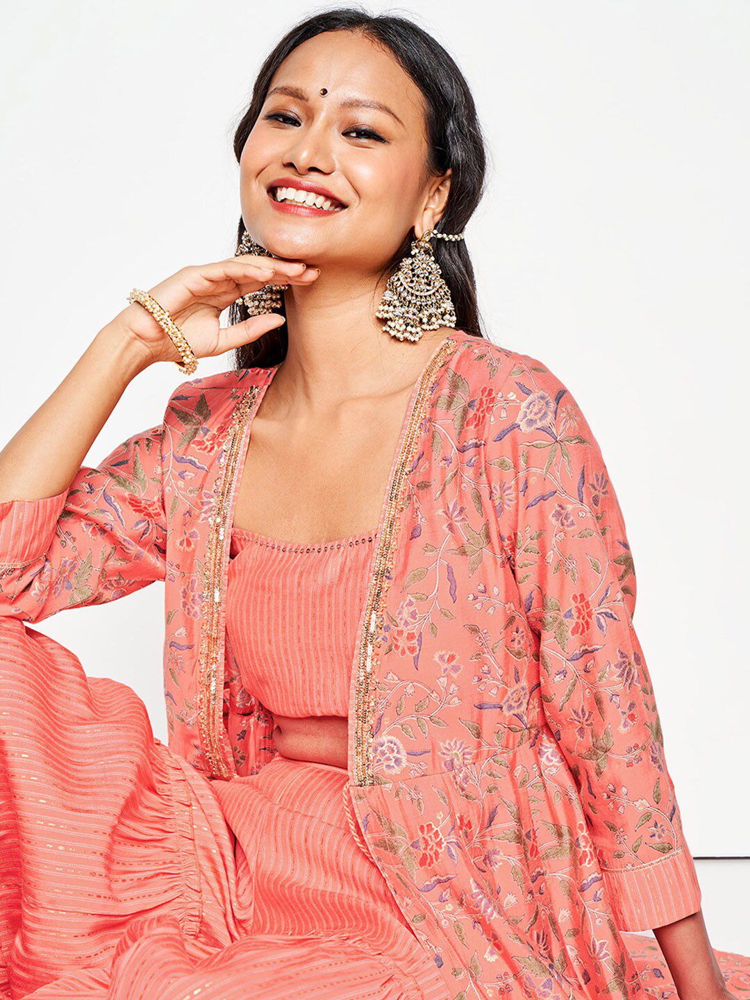 Global Desi Self-Design Top Shrug & Palazzos Co-Ords