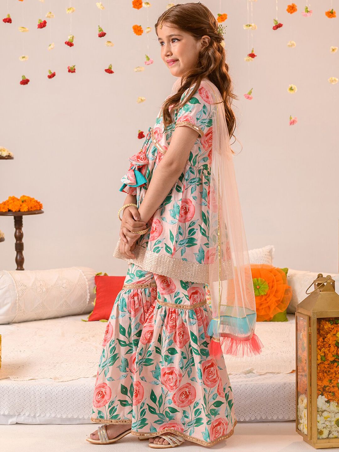 pspeaches Girls Floral Printed Pure Cotton Kurta With Sharara &  Dupatta
