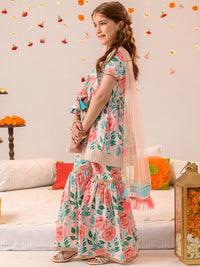 pspeaches Girls Floral Printed Pure Cotton Kurta With Sharara &  Dupatta