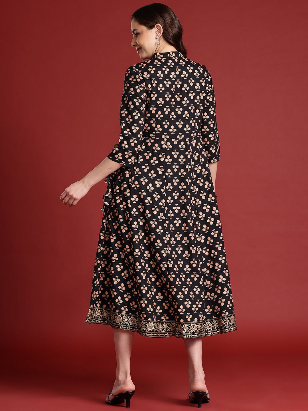 Anouk Tie-Up Tassels Detail Foil Print A-Line Midi Ethnic Dress