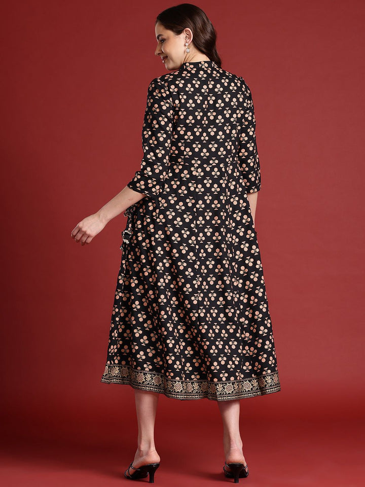 Anouk Tie-Up Tassels Detail Foil Print A-Line Midi Ethnic Dress