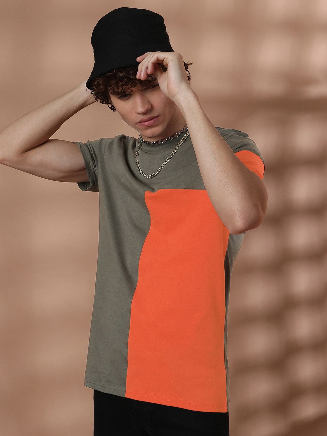 The Indian Garage Co Men Grey  Orange Colourblocked Round Neck Pure Cotton T-shirt