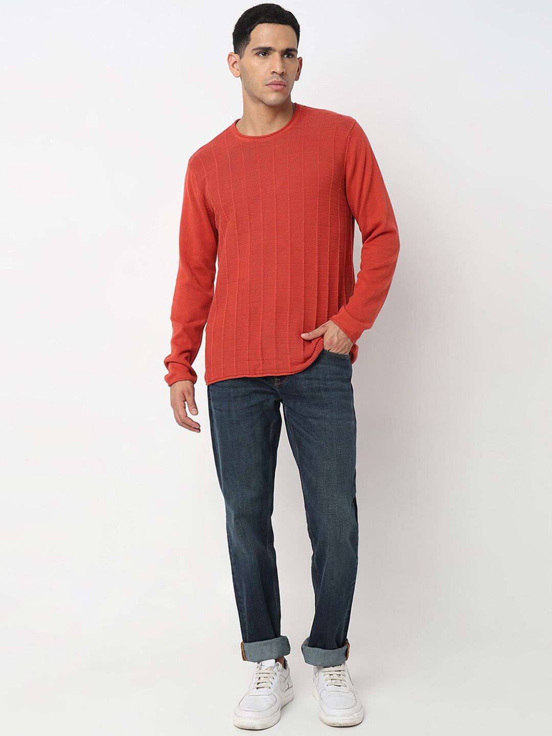 SPYKAR Striped Self Design Round Neck Cotton Pullover Sweater