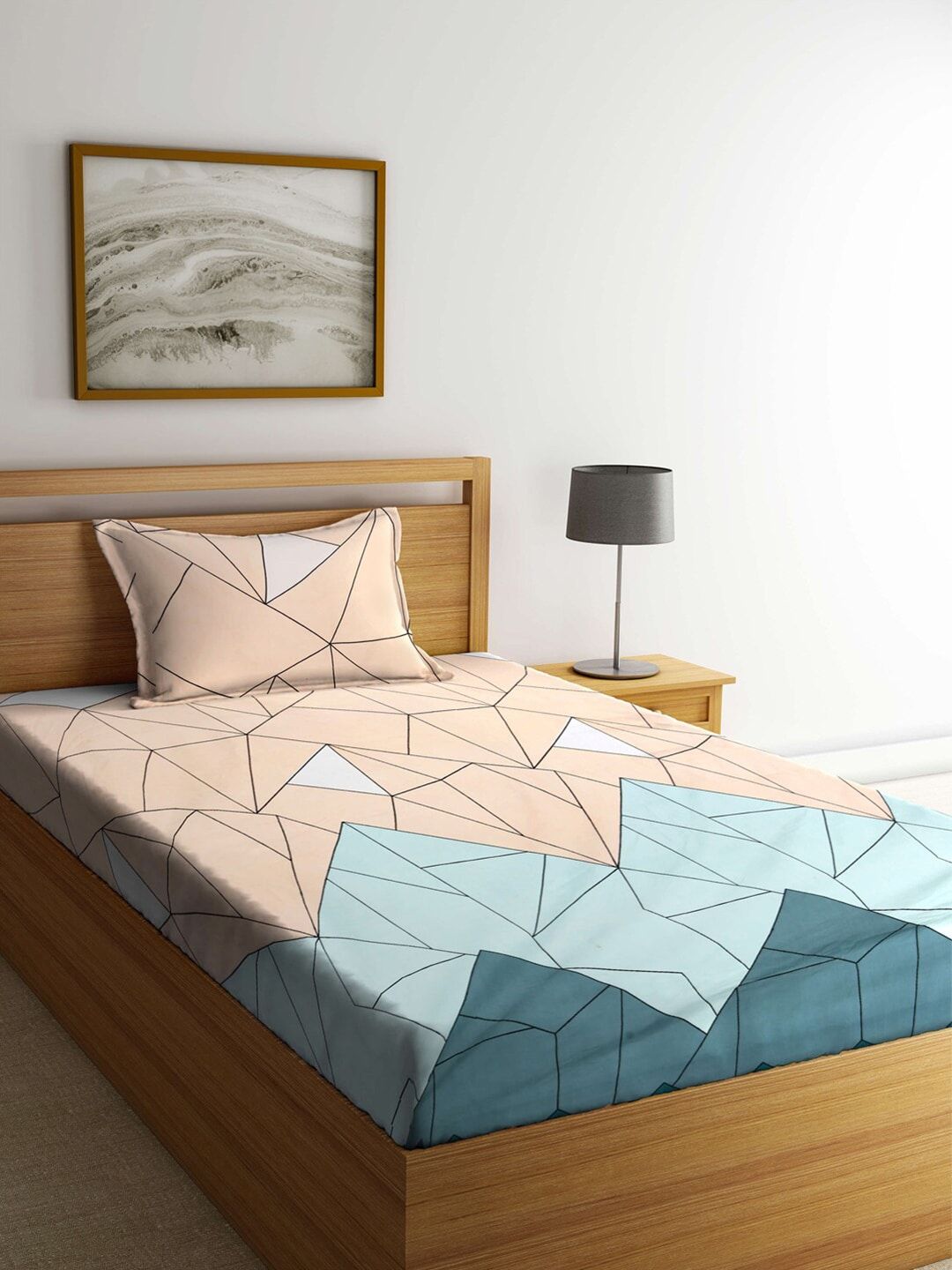 KLOTTHE Peach & Sea Green Geometric 300 TC Single Bedsheet with 1 Pillow Covers