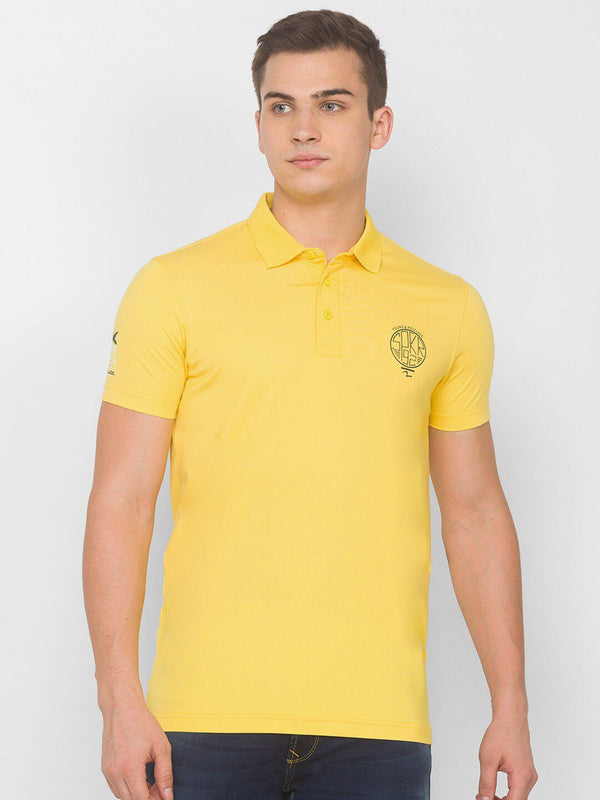 SPYKAR Men Yellow & Black Typography Printed Polo Collar Slim Fit T-shirt