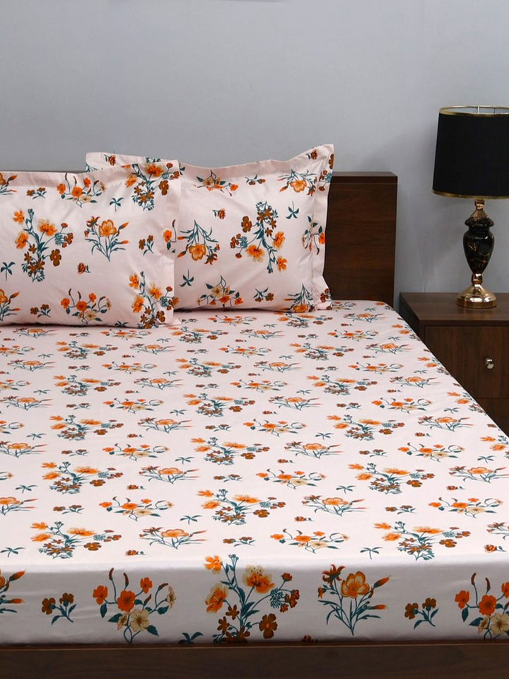 BOMBAY DYEING Pink & Orange Floral 164 TC Cotton Queen Bedsheet With 2 Pillow Covers
