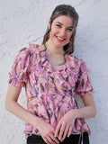 Athena Lavender Floral Printed V-Neck Puff Lengan Ruffles Terperinci