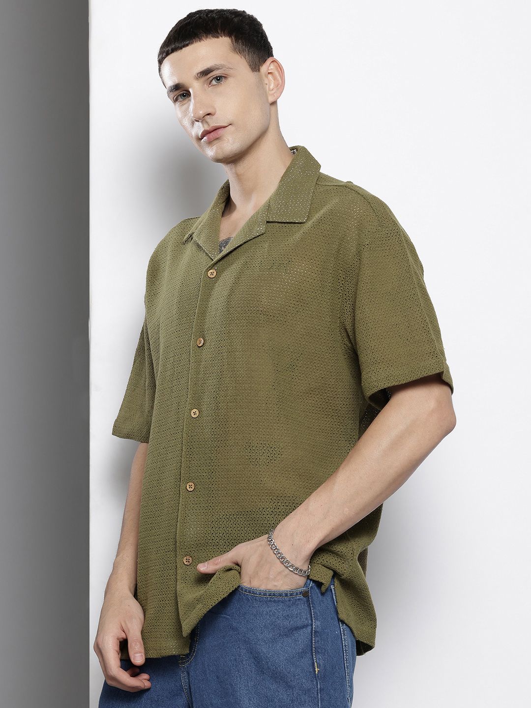 The Indian Garage Co Men Textured Open Weave Knitted Relaxed Fit Shirt