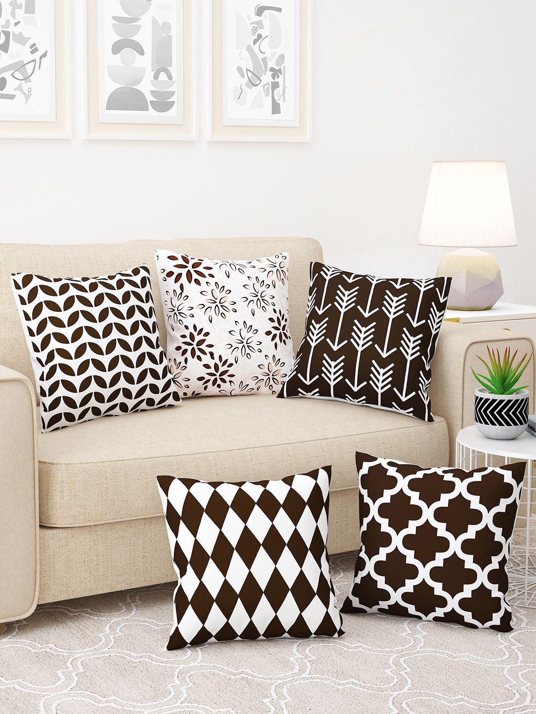 Story@home Brown & White 5 Pieces Geometric Square Cushion Covers