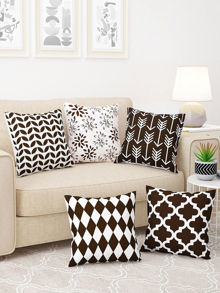 Story@home Brown & White 5 Pieces Geometric Square Cushion Covers