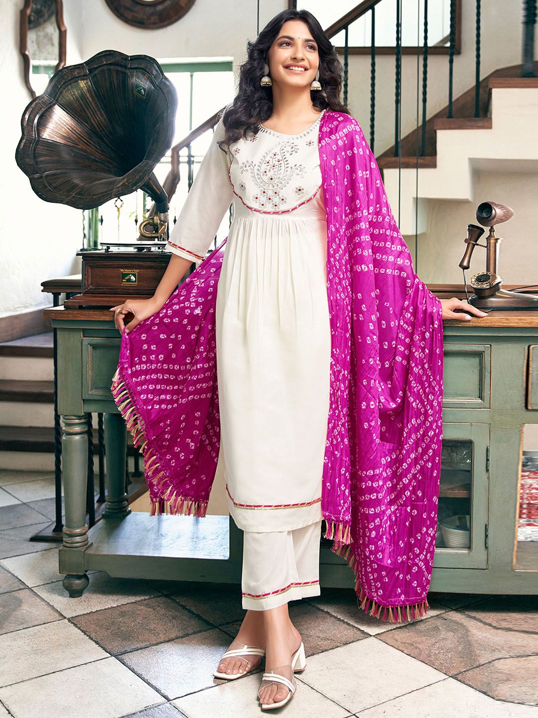 KALINI Paisley Embroidered A-Line Kurta with Trousers & Dupatta