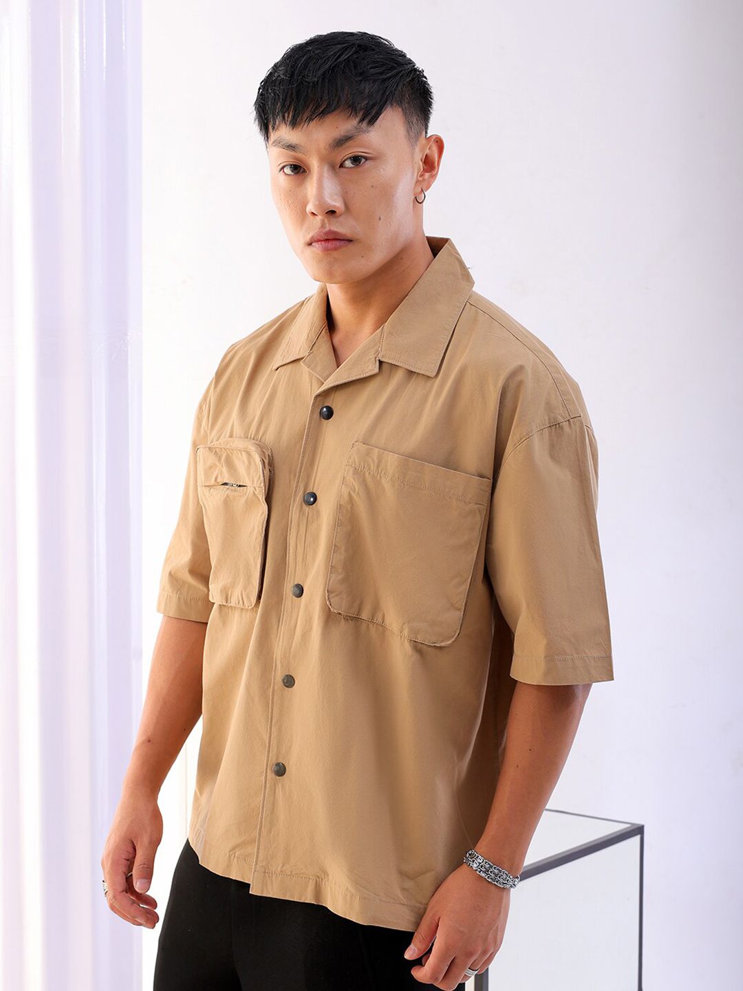 The Indian Garage Co Boxy Khaki Cuban Collar Cotton Casual Shirt