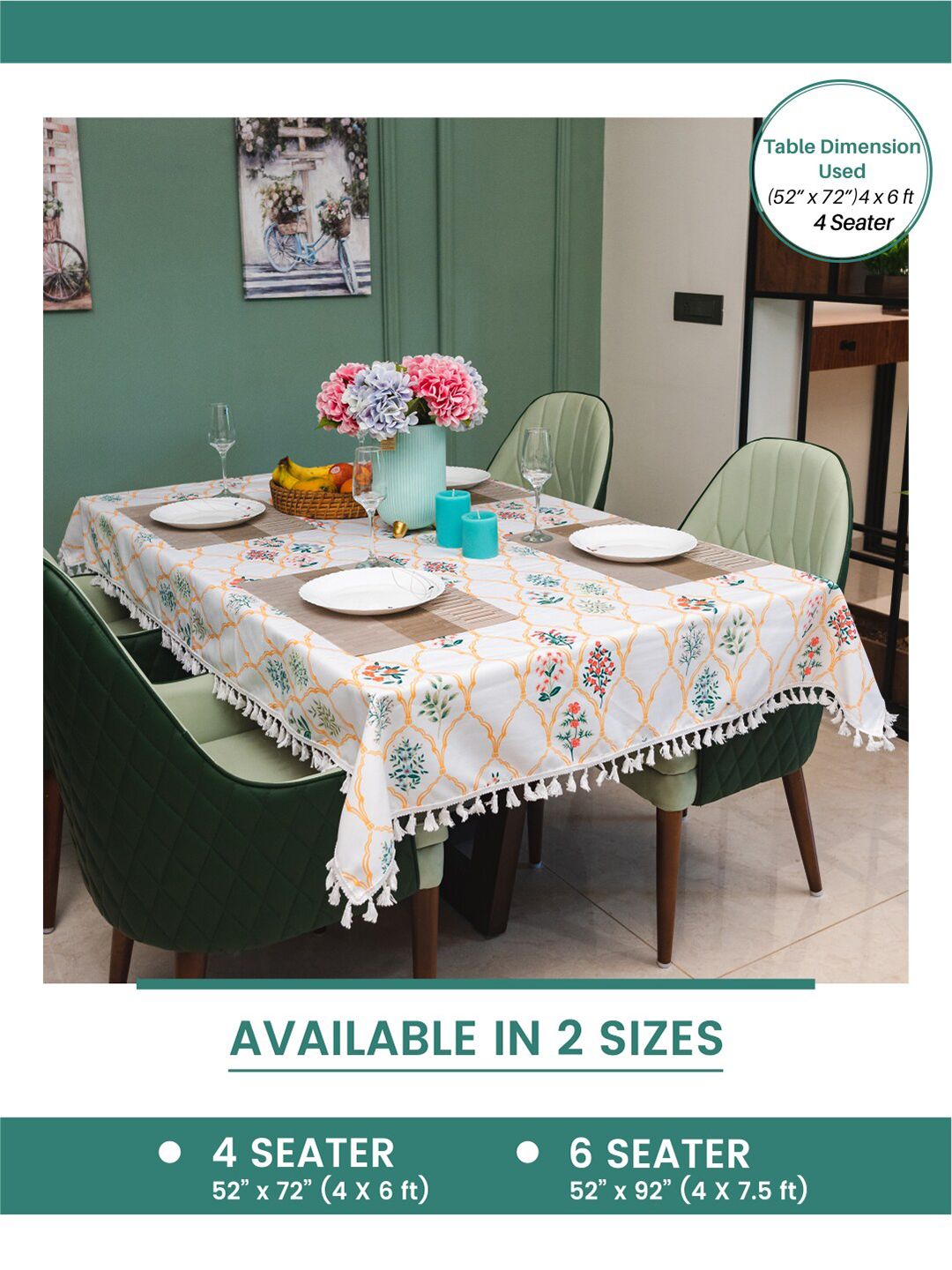 URBAN SPACE White & Green Printed 4-Seater Table Cover