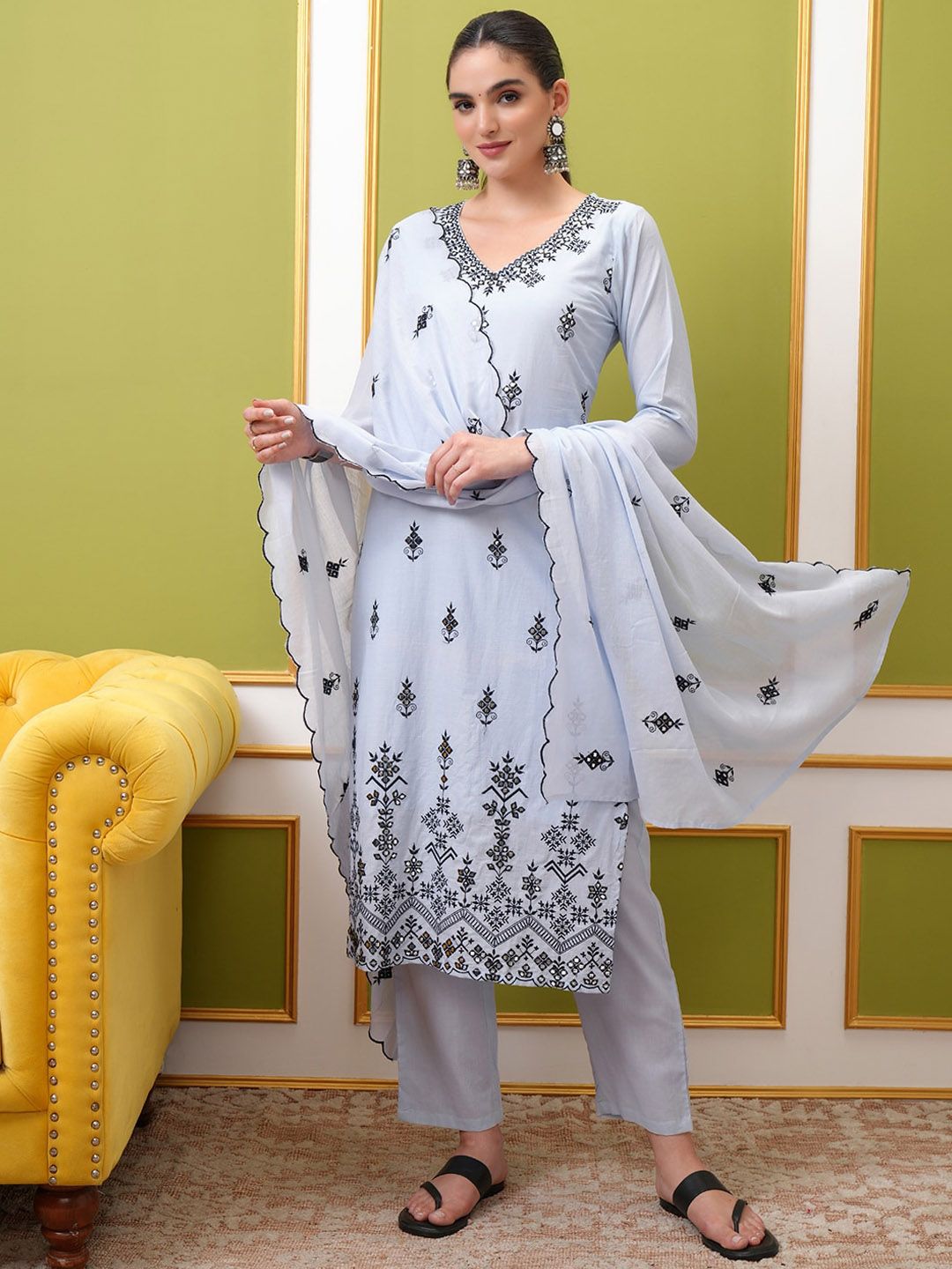 Vishudh Blue Ethnic Motifs Embroidered Pure Cotton Straight Kurta With Trousers & Dupatta