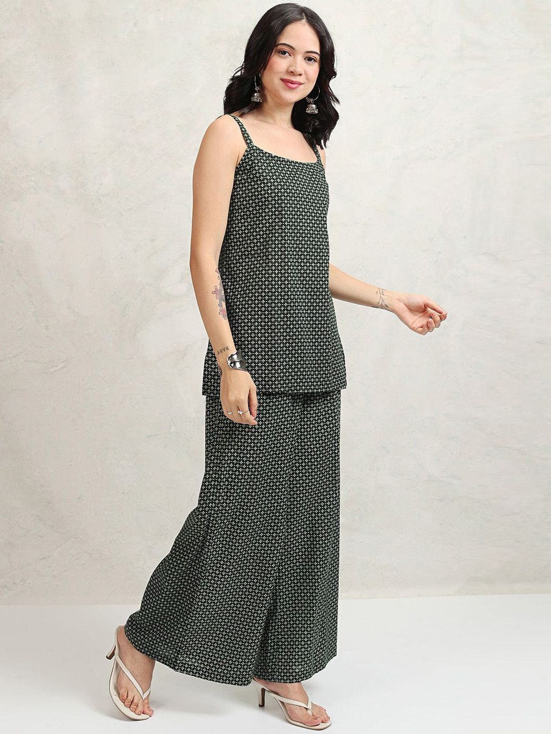 Vishudh Teal Green Printed Shoulder Straps Pure Cotton Top With Trouser And Jacket