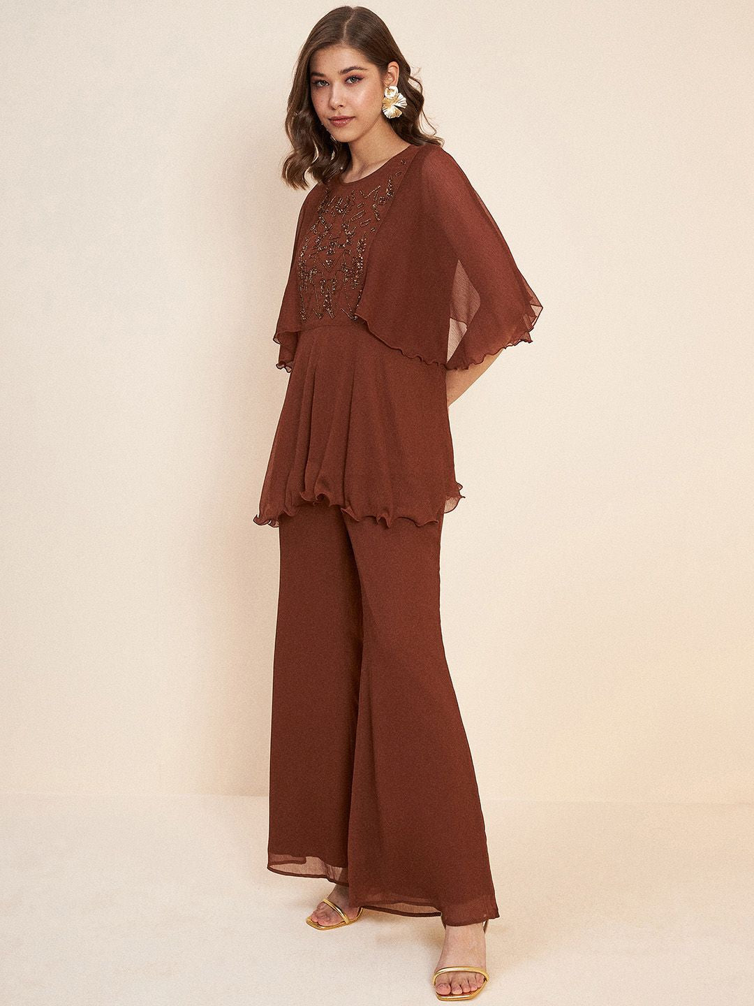 Antheaa Brown Embellished Tunic With Trousers Co-Ords