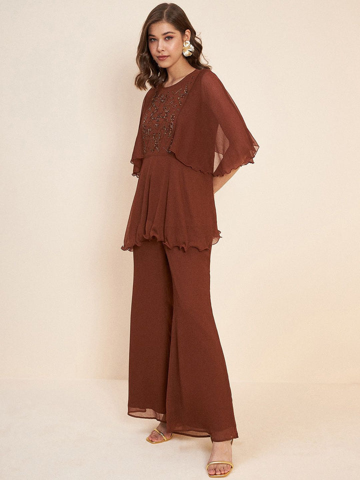 Antheaa Brown Embellished Tunic With Trousers Co-Ords