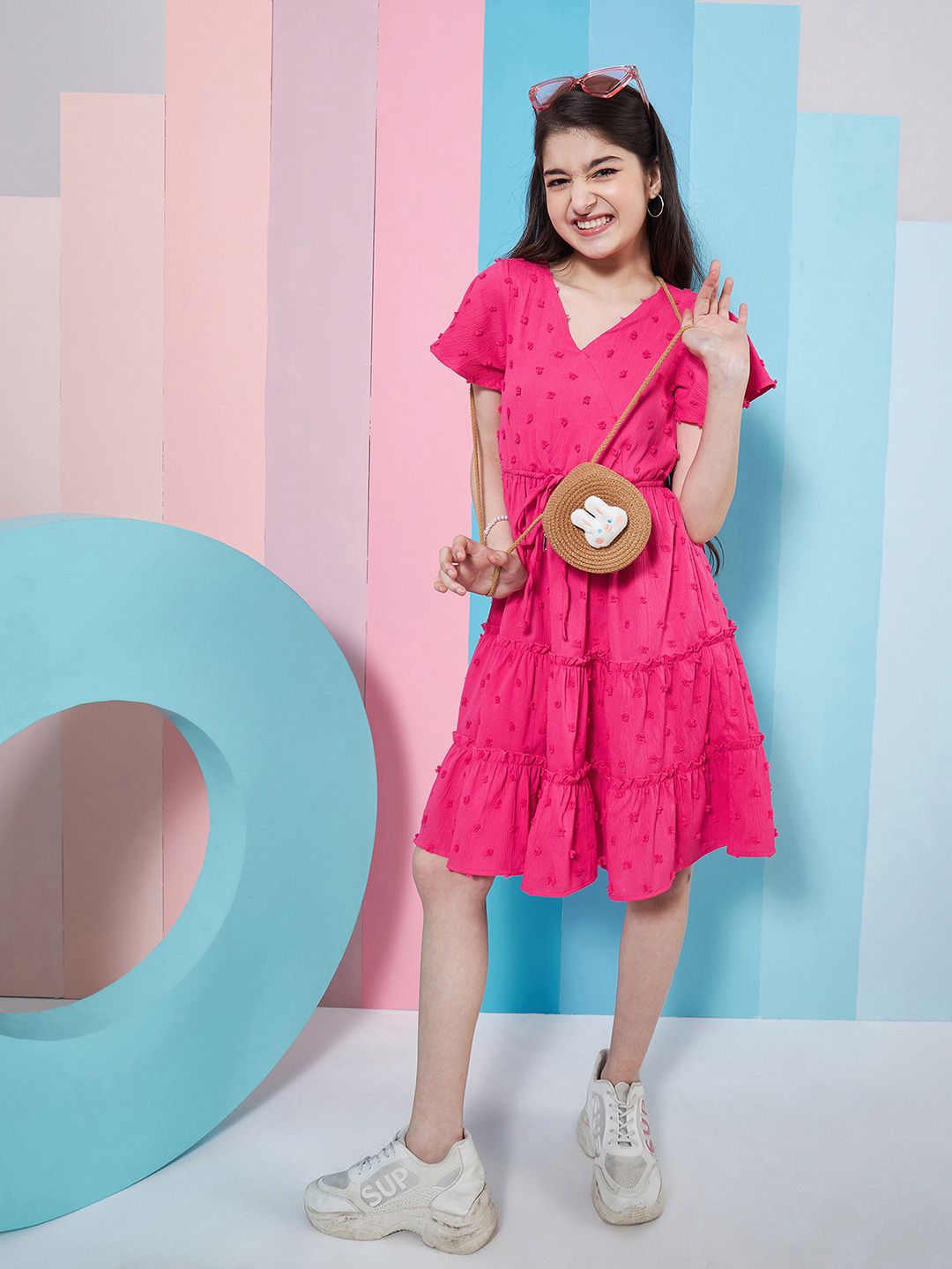pspeaches Girls Self Design V-Neck Flutter Sleeve Georgette Fit & Flare Dress