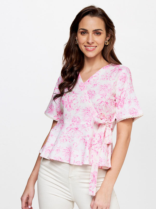 AND Floral Printed Linen Wrap Top
