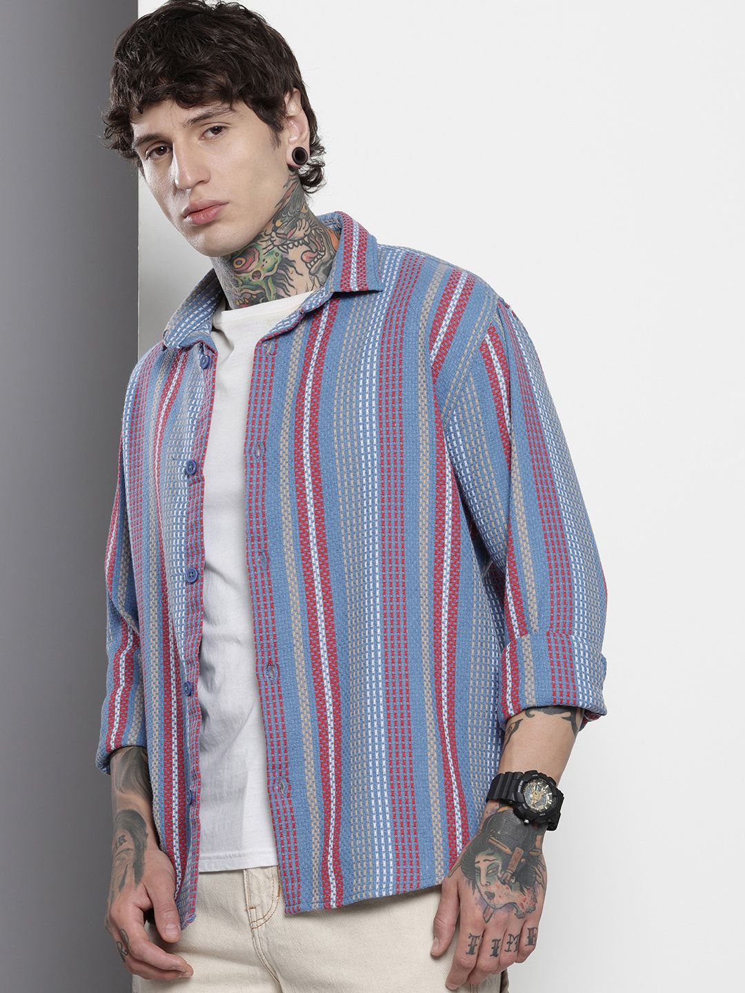 The Indian Garage Co Relaxed Fit Self Striped Pure Cotton Casual Shirt