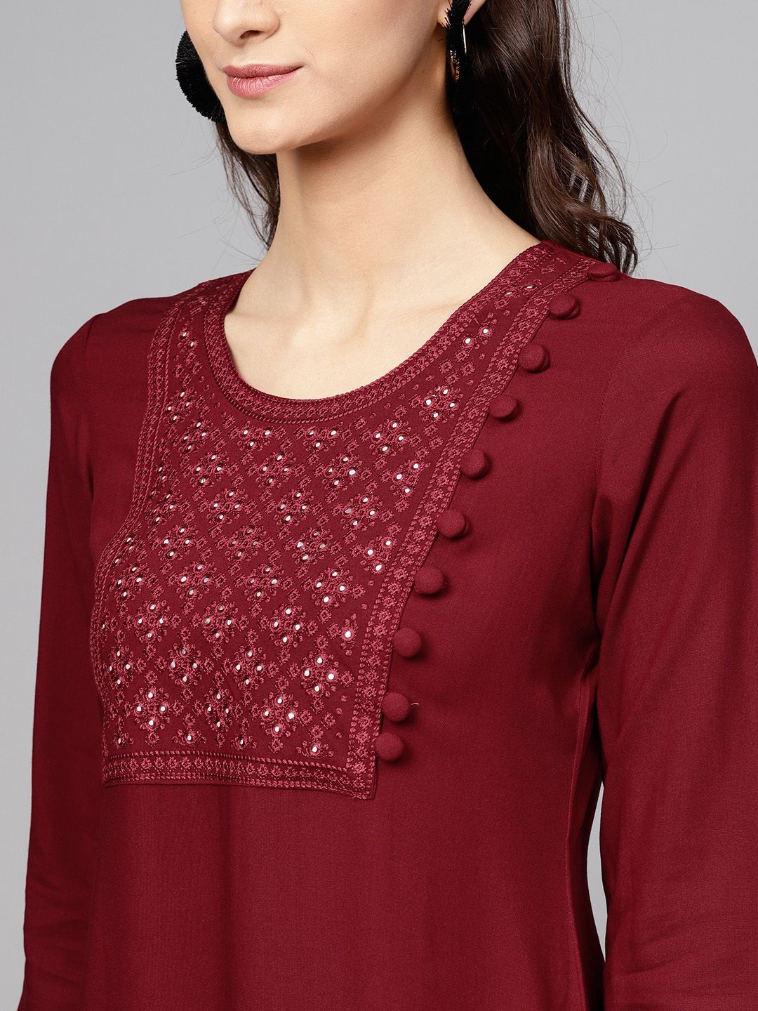Libas Women Maroon Yoke Design Straight Kurta